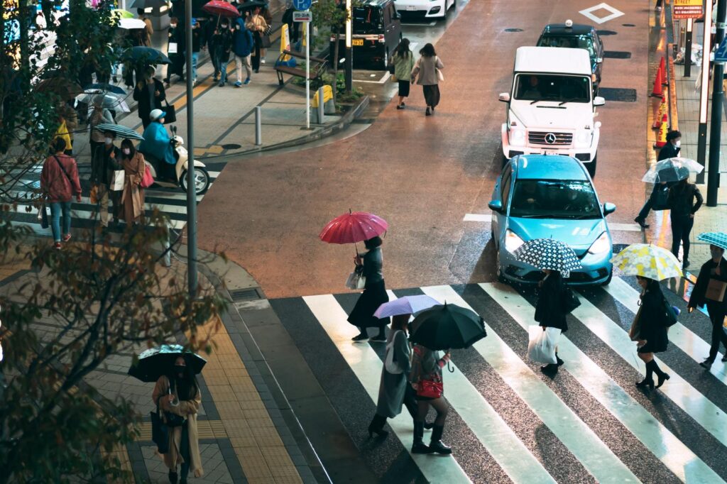 雨の都市風景、 横断歩道と歩行者　